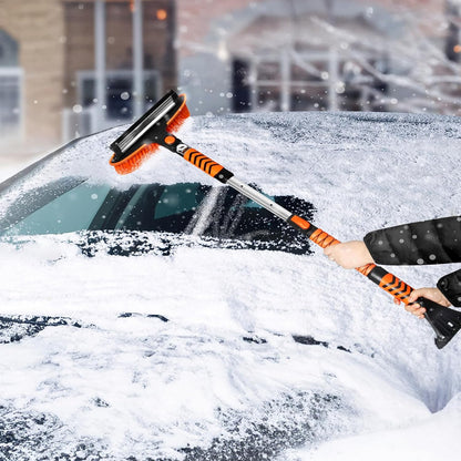 Extendable Ice Scraper and Brush with Squeegee for Car 4 in 1 Emergency Snow Shovel, Ergonomic Foam Grip and 180° Pivoting Brush Head Car Snow Kit for Cars, Trucks, Suvs, Vehicle