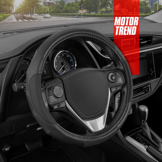 Gripdrive Carbon Fiber Steering Wheel Cover, Non-Slip Sporty Racing Faux Leather Ergonomic Comfortable Handle, Steering Wheel Cover for Cars Trucks Vans SUV - Fits Standard 15 Inch - Black