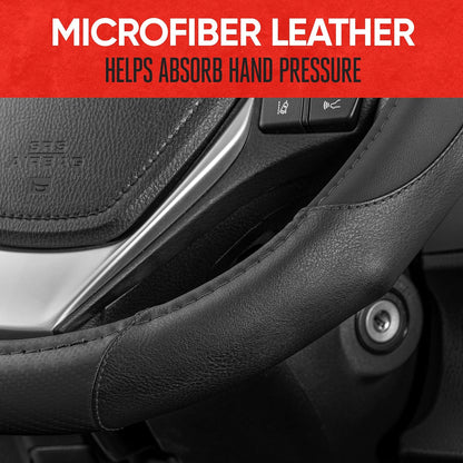 Gripdrive Carbon Fiber Steering Wheel Cover, Non-Slip Sporty Racing Faux Leather Ergonomic Comfortable Handle, Steering Wheel Cover for Cars Trucks Vans SUV - Fits Standard 15 Inch - Black