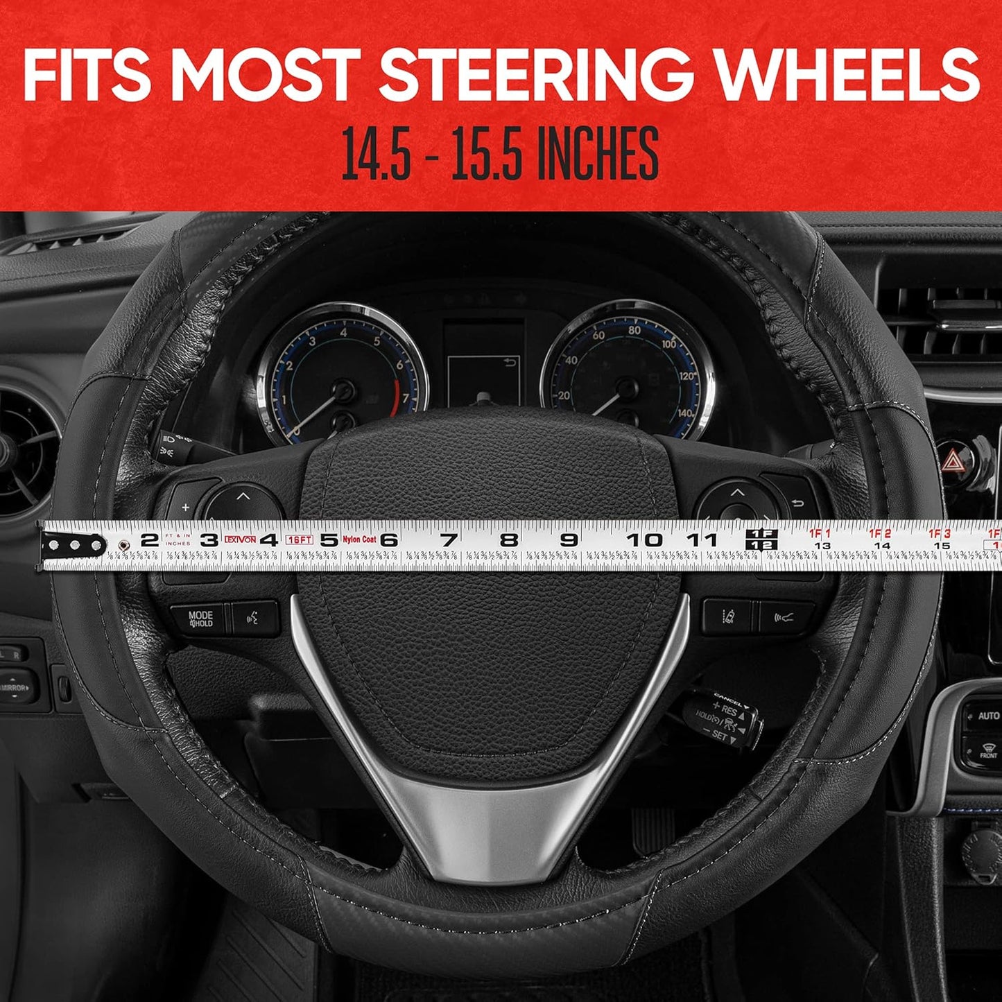 Gripdrive Carbon Fiber Steering Wheel Cover, Non-Slip Sporty Racing Faux Leather Ergonomic Comfortable Handle, Steering Wheel Cover for Cars Trucks Vans SUV - Fits Standard 15 Inch - Black