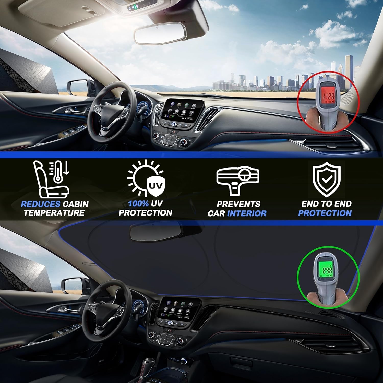 Car Windshield Sun Shade，Reflector Sunshade Offers Ultimate Protection for Car Interior，Cool Reflective Sun Blocker，Foldable Car Interior Accessories (Black, Medium),(64X32 Inches)