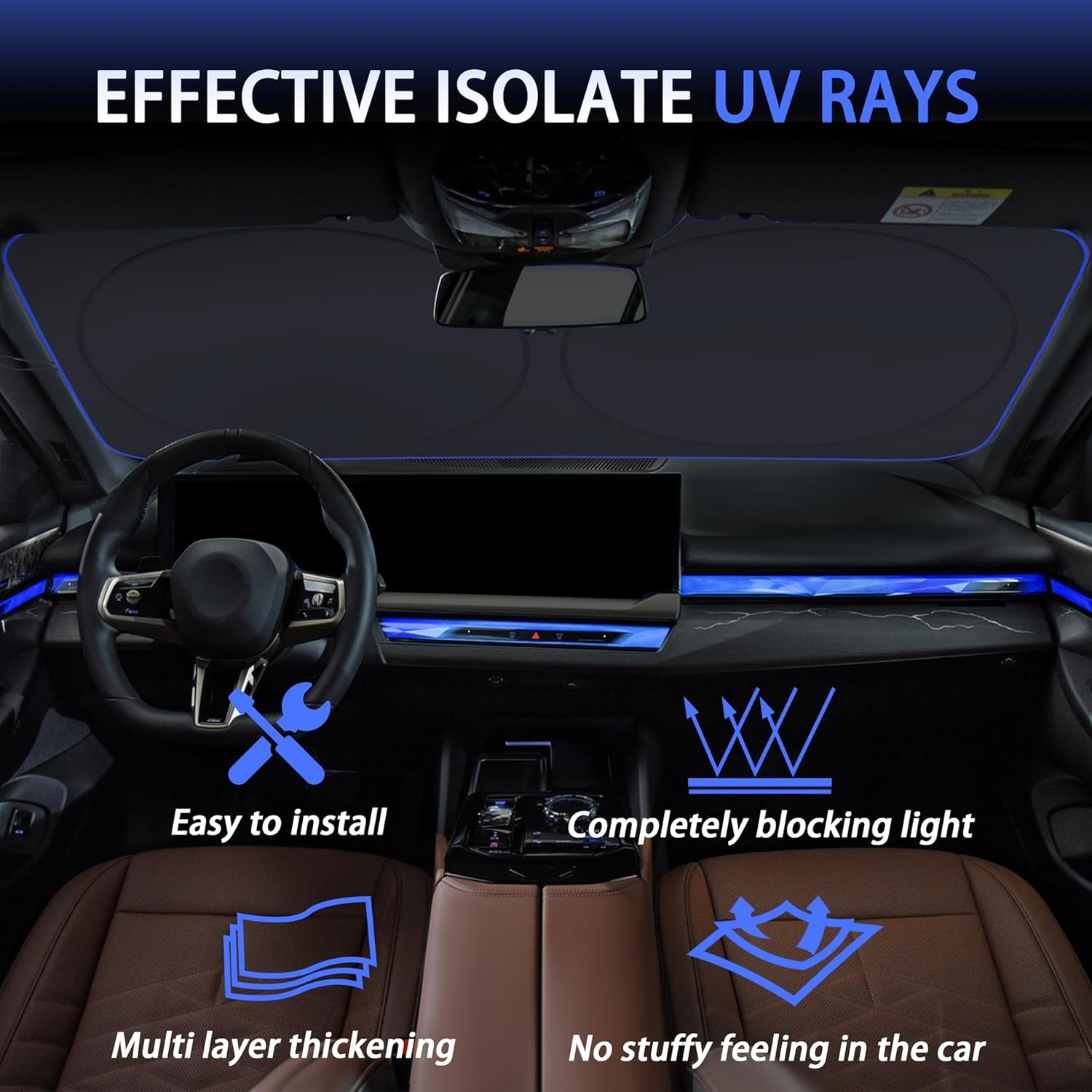 Car Windshield Sun Shade，Reflector Sunshade Offers Ultimate Protection for Car Interior，Cool Reflective Sun Blocker，Foldable Car Interior Accessories (Black, Medium),(64X32 Inches)